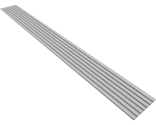 Graues Wandpaneel in Lamellenoptik mit Rillenstruktur.