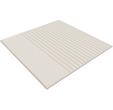 Quadratische, hellbeige Fliese aus Keramik mit einer Kombination aus Rillenstruktur und glatter Oberfläche.