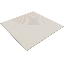 Quadratische Wandfliese aus Keramik mit strukturierter Oberfläche und konzentrischen Wellen in einer Ecke.