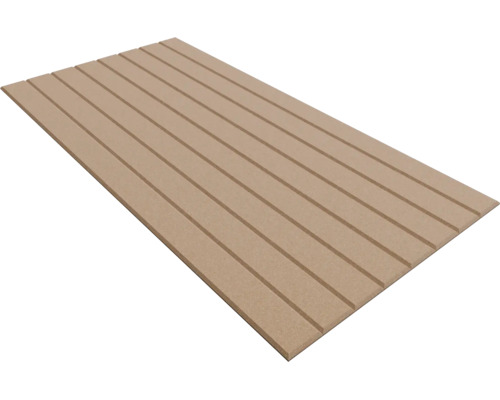 Rechteckige mitteldichte Holzfaserplatte mit mehreren parallel verlaufenden horizontalen Nuten.