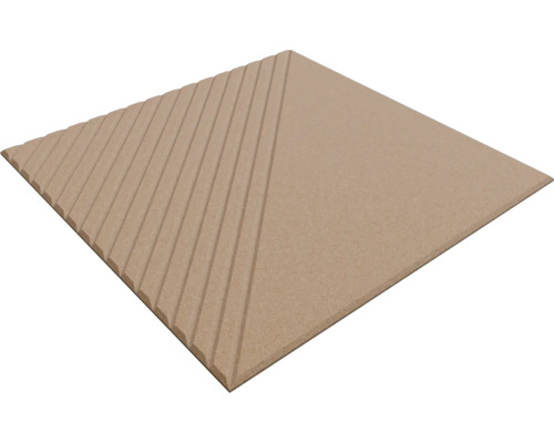Quadratisches Wandpaneel aus Holzwerkstoff mit linearen Rillen auf einer Hälfte der Oberfläche.