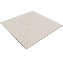 Quadratische beige Fliese mit diagonal geteilter Oberfläche, eine Hälfte glatt und die andere Hälfte mit Rippenstruktur.