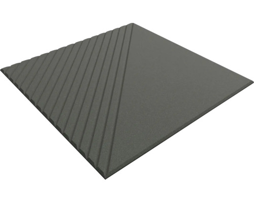 Quadratische Akustikplatte aus anthrazitfarbenem Schaumstoff mit teils glatter, teils diagonal gerillter Oberfläche.