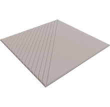 Quadratische Wandfliese mit dreidimensionaler Struktur, eine Hälfte glatt, eine Hälfte mit diagonalen Rillen.