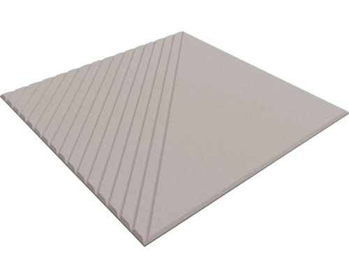 Quadratische Wandfliese mit dreidimensionaler Struktur, eine Hälfte glatt, eine Hälfte mit diagonalen Rillen.
