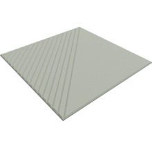Quadratische Fliese mit geometrischem Reliefmuster, eine Hälfte glatt und eine Hälfte mit diagonalen Rillen.
