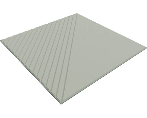 Quadratische Fliese mit geometrischem Reliefmuster, eine Hälfte glatt und eine Hälfte mit diagonalen Rillen.