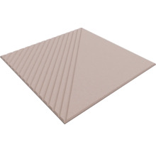 Quadratische Keramikfliese in Beige mit geometrischem Oberflächendesign, eine Hälfte glatt und eine Hälfte mit Rillenstruktur.