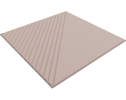 Quadratische Keramikfliese in Beige mit geometrischem Oberflächendesign, eine Hälfte glatt und eine Hälfte mit Rillenstruktur.