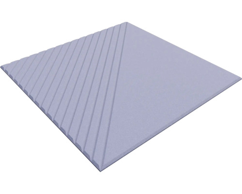 Quadratische Akustikplatte aus Schaumstoff mit diagonal geteilter Oberfläche, eine Hälfte glatt und eine Hälfte mit Rillen.