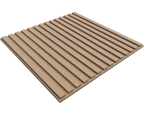 Wandpaneel aus Holzfaserplatte mit parallelen Lamellen und Rillen für die dekorative Wandgestaltung.