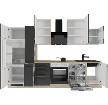 Moderne Einbauküche in Anthrazit und Holzoptik mit geöffneten Schränken, Backofen, Geschirrspüler, Kühlschrank, Dunstabzugshaube und Spüle.