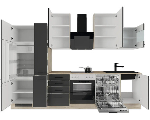 Moderne Einbauküche in Anthrazit und Holzoptik mit geöffneten Schränken, Backofen, Geschirrspüler, Kühlschrank, Dunstabzugshaube und Spüle.
