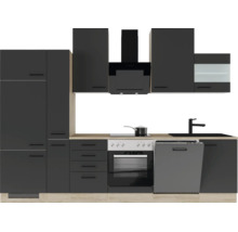 Moderne Küchenzeile in Anthrazit mit Arbeitsplatte in Holzoptik, inklusive Backofen, Geschirrspüler, Spüle und Dunstabzugshaube.