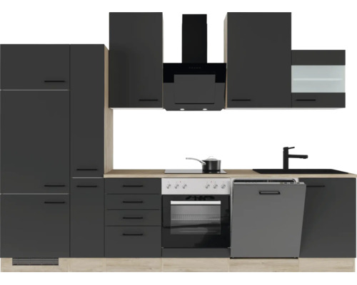Moderne Küchenzeile in Anthrazit mit Arbeitsplatte in Holzoptik, inklusive Backofen, Geschirrspüler, Spüle und Dunstabzugshaube.