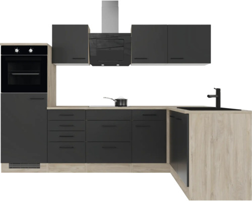 Moderne Küche in L-Form mit anthrazitfarbenen Fronten, Arbeitsplatte in Holzoptik, Backofen, Kochfeld, Dunstabzugshaube und Spüle.