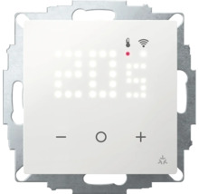 Smarter Raumthermostat mit digitaler Temperaturanzeige, Symbolen für Temperatur und Funkverbindung, Touch-Bedienelementen, Metall-Tragring und Wiser Logo.