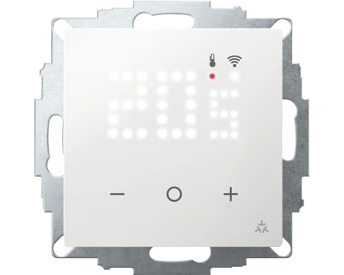 Smarter Raumthermostat mit digitaler Temperaturanzeige, Symbolen für Temperatur und Funkverbindung, Touch-Bedienelementen, Metall-Tragring und Wiser Logo.