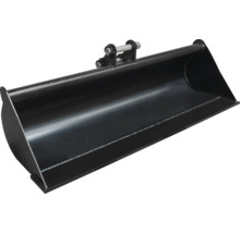 Schwarzer Grabenräumlöffel aus Metall für Bagger, breite Schaufelform ohne Zähne.