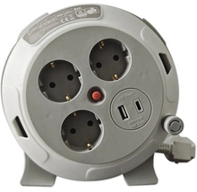 Kabelbox mit 5 Meter Kabel, 3 Steckdosen und 2 USB-Anschlüssen. Inklusive Thermoschutzschalter und Schutzart IP20.