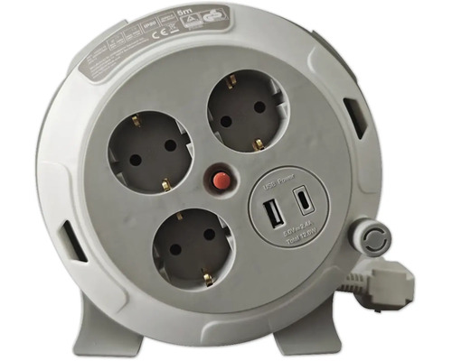 Kabelbox mit 5 Meter Kabel, 3 Steckdosen und 2 USB-Anschlüssen. Inklusive Thermoschutzschalter und Schutzart IP20.