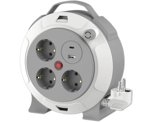Kabeltrommel mit 3 Steckdosen, USB-A- und USB-C-Anschlüssen, Tragegriff, Ein-Aus-Schalter und Stecker.