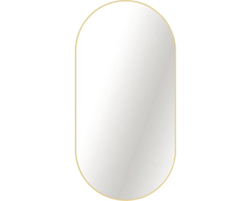 Wandspiegel in Kapselform mit schmalem Rahmen in Gold.