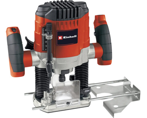 Einhell Oberfräse mit Parallelanschlag, Tiefeneinstellung und ergonomischen Griffen für die Holzbearbeitung.