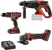 Einhell Akku Werkzeug Set Power X-Change bestehend aus Akku Bohrschrauber, Akku Bohrhammer, Akku Winkelschleifer und Ladegerät.