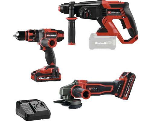 Einhell Akku Werkzeug Set Power X-Change bestehend aus Akku Bohrschrauber, Akku Bohrhammer, Akku Winkelschleifer und Ladegerät.