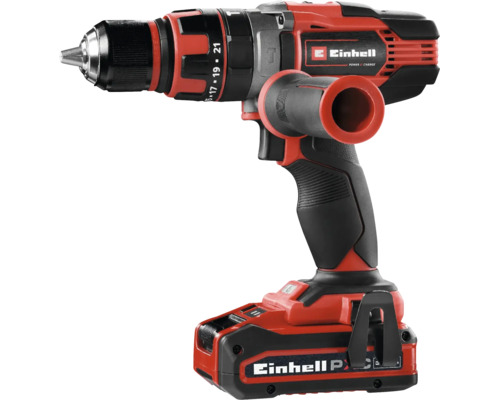Einhell Akku-Bohrschrauber mit Zusatzhandgriff, Schnellspannbohrfutter und Gürtelclip.
