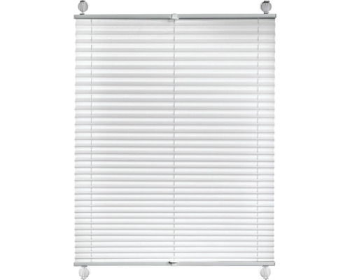 Verspanntes Plissee mit horizontalen Falten und vier Befestigungswinkeln für Fenster.