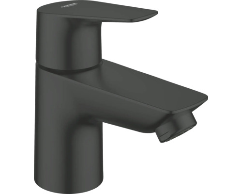 Grohe Einhand-Waschtischbatterie in Mattschwarz mit flachem Auslauf und Grohe Logo.