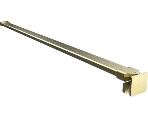 Goldfarbene Stabilisierungsstange für Duschwände, rechteckiges Metallprofil mit Glasklemme und Wandhalterung.