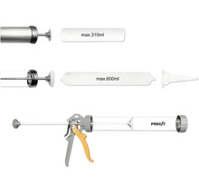 Precit Kartuschenpresse und Beutelpistole für Kartuschen bis maximal 310 Milliliter und Beutel bis maximal 600 Milliliter.