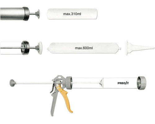 Precit Kartuschenpresse und Beutelpistole für Kartuschen bis maximal 310 Milliliter und Beutel bis maximal 600 Milliliter.