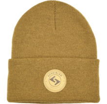 Scheibler Workwear Strickmütze in Ocker mit umgeschlagenem Saum und Scheibler Workwear Logo.