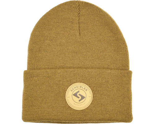 Scheibler Workwear Strickmütze in Ocker mit umgeschlagenem Saum und Scheibler Workwear Logo.