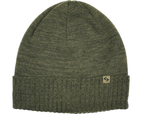 Olivgrüne Strickmütze mit Umschlag und Sealskinz Logo.