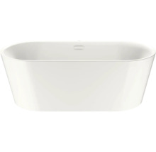 Weiße freistehende Badewanne in ovaler Form mit Schlitzüberlauf.