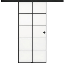 Schiebetür aus satiniertem Glas mit schwarzem Rahmen, Sprossen und rundem Griff.