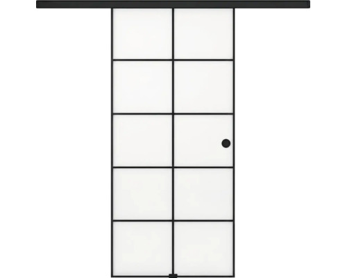 Schiebetür aus satiniertem Glas mit schwarzem Rahmen, Sprossen und rundem Griff.