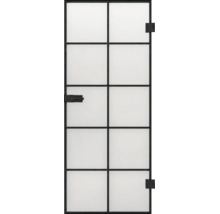 Ganzglastür im Industrial-Design mit schwarzem Metallrahmen, 10 Feldern und satiniertem Glas.
