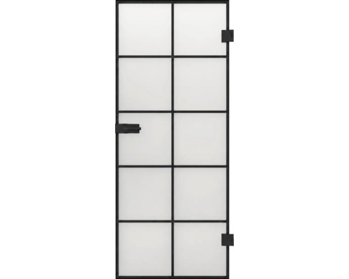 Ganzglastür im Industrial-Design mit schwarzem Metallrahmen, 10 Feldern und satiniertem Glas.