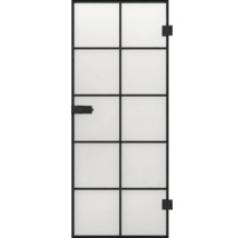 Zimmertür aus Glas im Loft-Stil mit schwarzem Metallrahmen, Sprossen, Türgriff und Beschlägen.