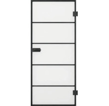 Ganzglastür mit schwarzem Rahmen, fünf horizontalen Feldern aus mattiertem Glas, schwarzem Türgriff und schwarzen Beschlägen.