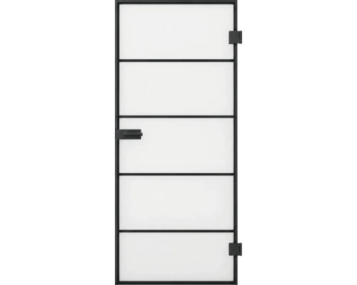 Ganzglastür mit schwarzem Rahmen, fünf horizontalen Feldern aus mattiertem Glas, schwarzem Türgriff und schwarzen Beschlägen.