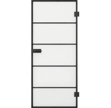 Moderne Innentür mit schwarzem Metallrahmen und fünf Feldern aus mattem Glas im industriellen Design.