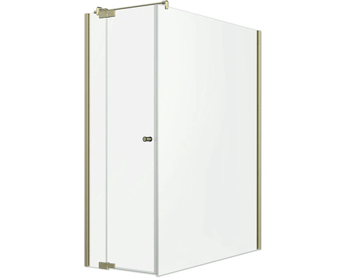 Duschkabine aus Glas mit goldfarbenen Metallprofilen, bestehend aus Seitenwand und Drehtür.