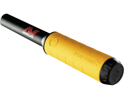 Minelab Pro-Find 15 Pinpointer-Metalldetektor mit Minelab Logo, gelbem Griff und schwarzer Spitze.